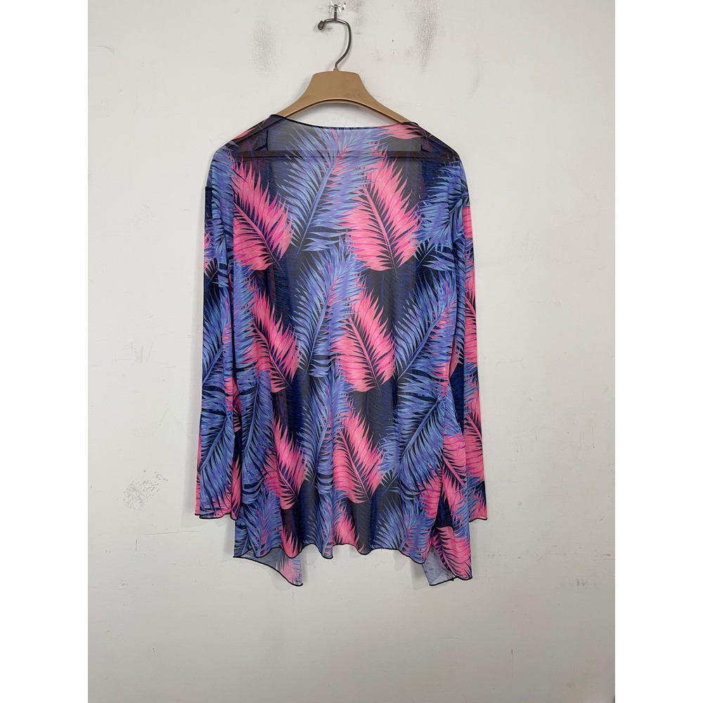 Tropical Palm Leaf Mesh Kimono Cardigan Pink Purple Blue Open Front Cover Up L - Picture 5 of 8